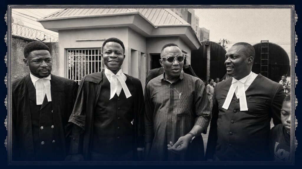 FDJ lawyers in wig and gown standing with activist Omoyele Sowore outside a courthouse