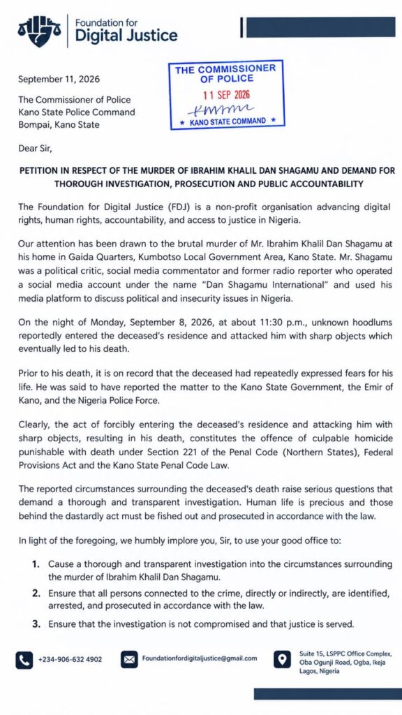 FDJ petition to the Kano State Police Command dated 11 September 2026