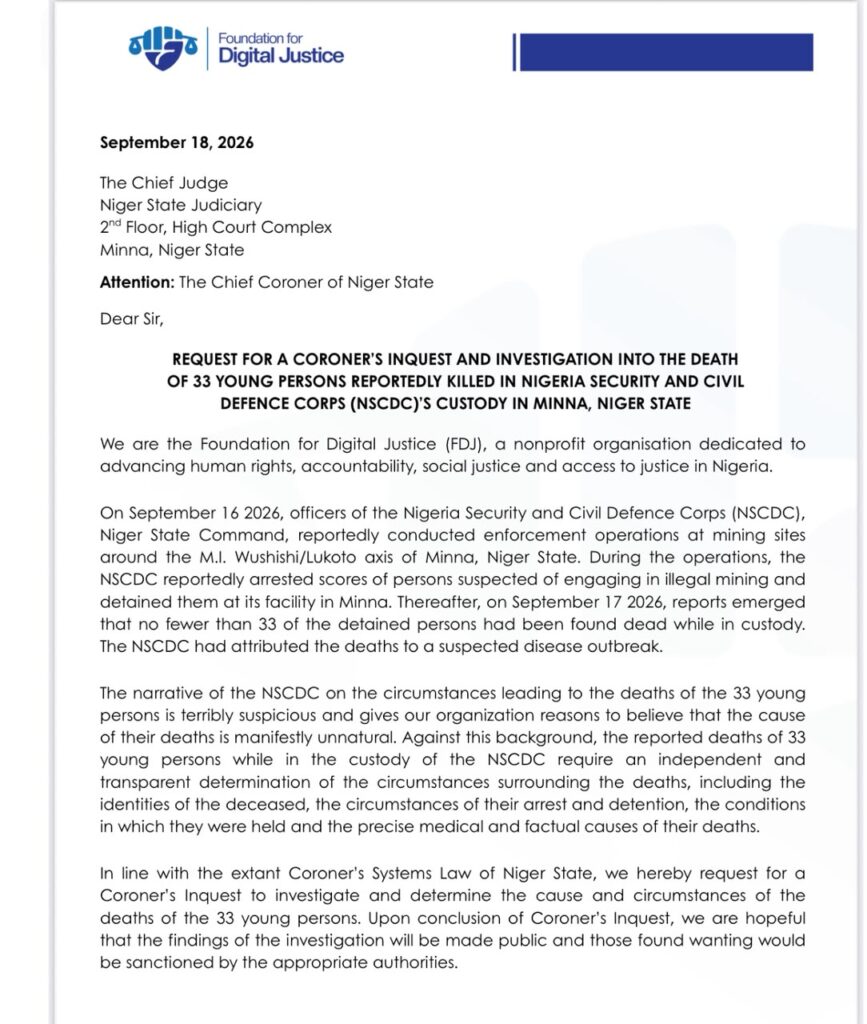 Page one of FDJ's petition to the Chief Judge of Niger State requesting a Coroner's Inquest