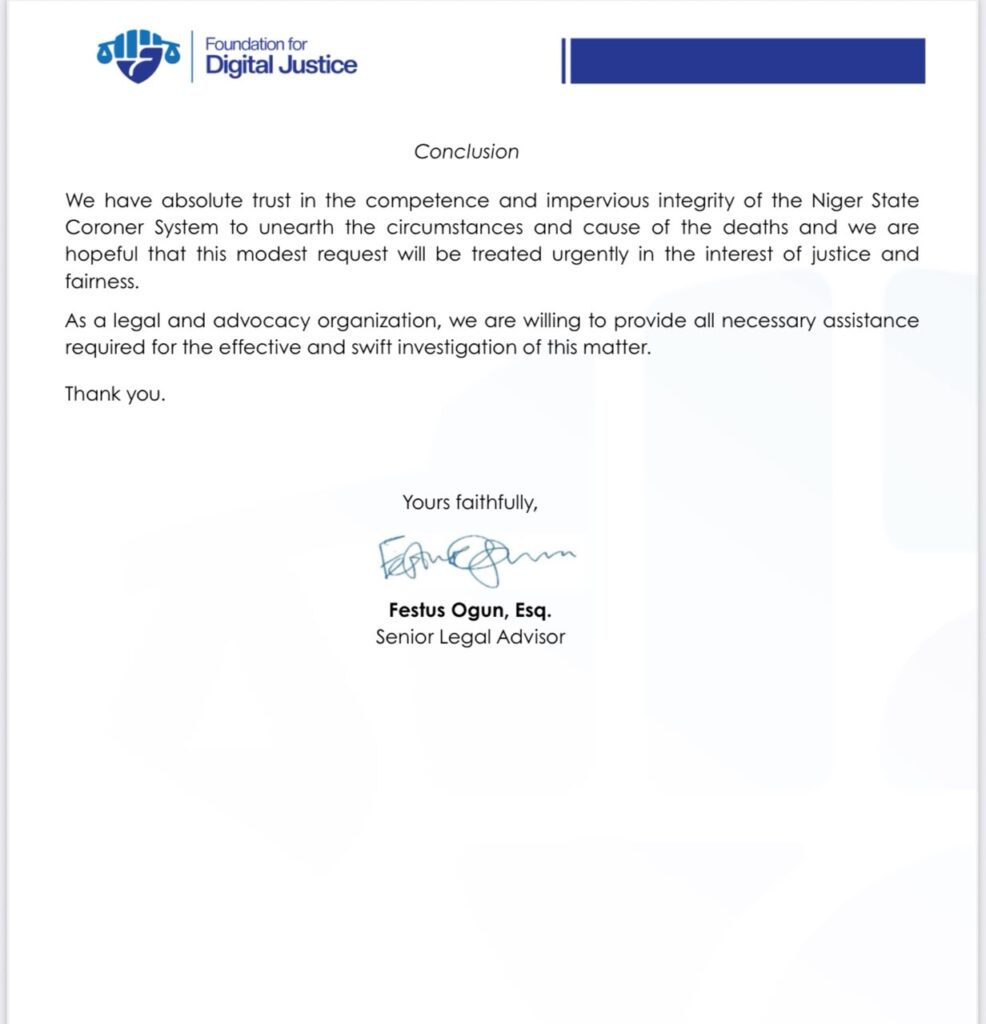 Page two of FDJ's petition to the Chief Judge of Niger State requesting a Coroner's Inquest
