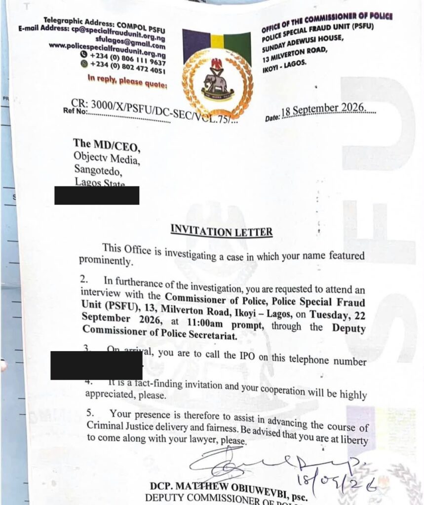 The Police Special Fraud Unit invitation letter dated 18 September 2026, with personal phone numbers redacted