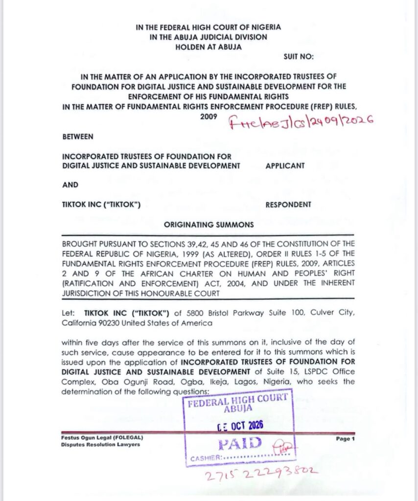 Page one of FDJ's originating summons against TikTok Inc at the Federal High Court, Abuja