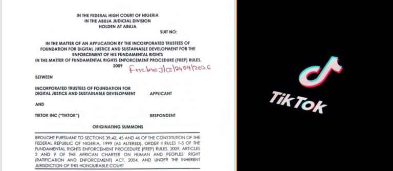 FDJ's originating summons against TikTok Inc at the Federal High Court in Abuja, beside the TikTok logo